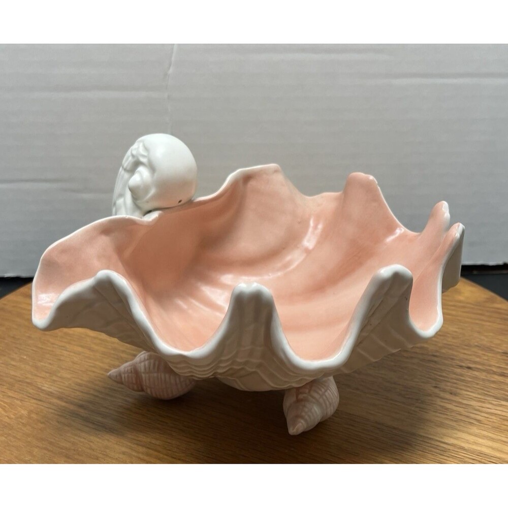 Fitz & Floyd FF Footed Coquille Shell Bowl Candy Dish White Pink Mermaid Coastal